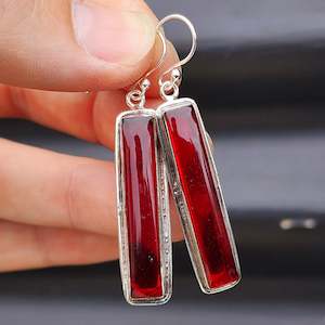 Solid Sterling Silver & Natural Garnet Handmade Hanging Hook Earrings