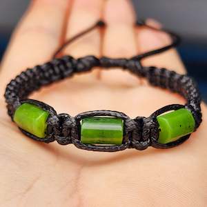 Natural Greenstone Cylinder Macrame Bracelet (BLACK)