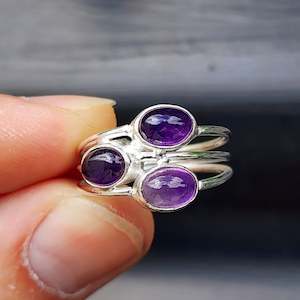 (T) Solid Sterling Silver & Natural Amethyst 3 Setting Handmade Cage Ring