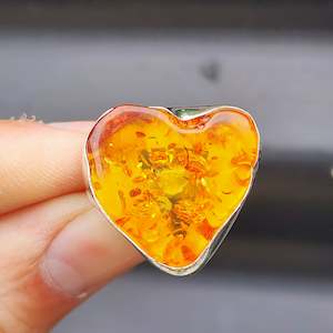 (Q) Solid Sterling Silver & Rustic Natural Baltic Amber Heart Handmade Ring