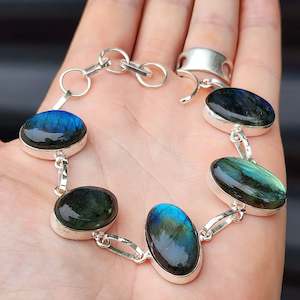 Solid Sterling Silver & Natural Labradorite Handmade Chain Bracelet