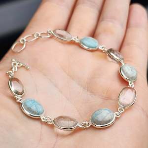 Solid Sterling Silver & Natural Larimar With Quartz Handmade Chain Bracelet