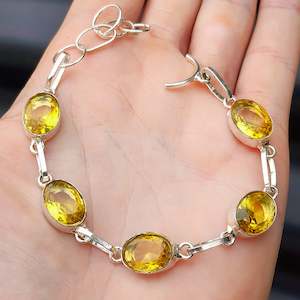 Solid Sterling Silver & Natural Citrine Stone Handmade Chain Bracelet