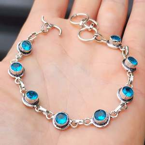 Solid Sterling Silver & Natural Blue Topaz Handmade Chain Bracelet