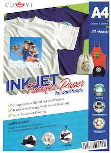 A4 Heat Transfer Paper for Dark Fabrics – 20-Sheet Pack for Inkjet Printing!