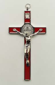 St Benedict Crucifix: 10cm Silver/Red