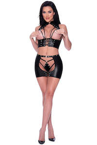 Cafe: Exposed Lust Ambrosia Corseted Halter Open Back Skirt & G-String Set Black L/XL