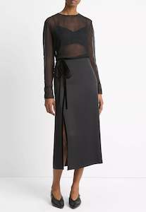 Velvet Trim Side Slit Skirt - Black