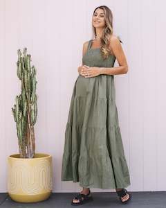 Maternity Lilliana Linen Dress in Olive Green