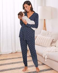 Maternity & Nursing Pajama Set + Baby Wrap - Navy Polka dots