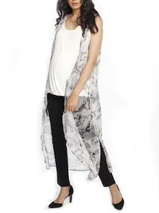 Tops: Maternity Chiffon Sleeveless Summer Long Cardigan -Grey Print