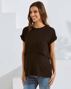 Tops-Breastfeeding: Everyday Nursing Tee with Discreet Front Panel Access In Black