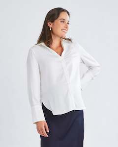 Sold Out: Amelie Elegant Satin-Finish White Maternity Work Shirt