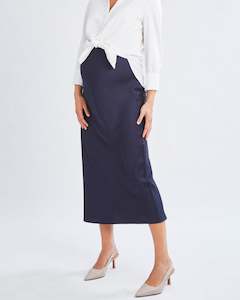 Sheena Maternity Satin-Finish Midi Work Skirt in Navy