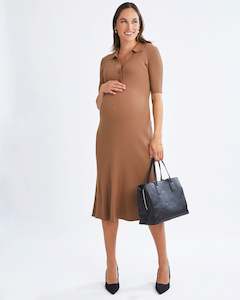 Eleanor Elegance Knit Maternity Midi Dress in Camel