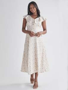 Baby Shower Dresses: Mika Maternity Ruffle Dress in Cream Floral Silky