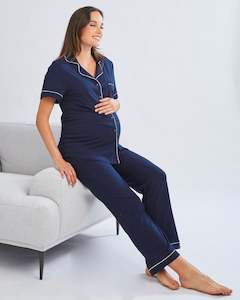 Maternity and Nursing Button Front Pajama Set in Navy