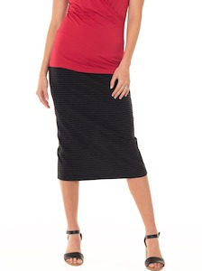 Maternity Petite Size: Maternity Midi Straight Cut Skirt - Black & Grey Marle Stripes