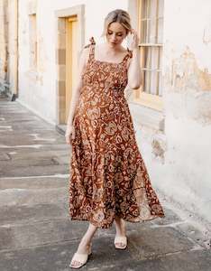 Lilliana Maternity Maxi Dress in Brown Paisley Print