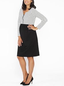 Maternity Stripe Work Dress with Zipper Details - Black