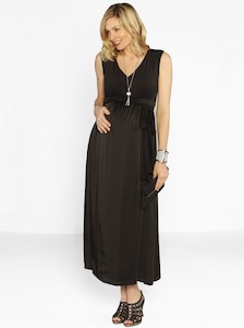 Black Maternity Dresses: Maternity Long Evening Chiffon Dress in Satin Black