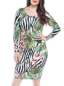 Maternity Bodycon Long Sleeve Print Dress - Green Print