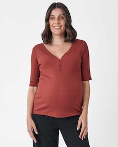 First Trimester: Comfortably Chic Maternity Henley Top in Brick Red