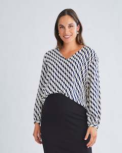 Second Trimester: Ashley Geometric Wave-Print V-Neck Long-Sleeve Blouse