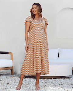 Layla Maternity Ruffled Dress in Sandstone Stripe