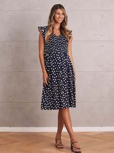 Donna Linen Navy Polka Dot Maternity Dress