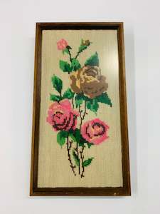 Vintage flower cross stitch in oak frame