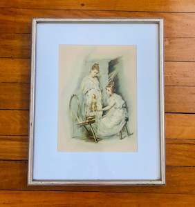 Antique: Professionally Framed Print of Two Ladies Looming