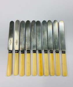 Set of 10 bone handled large knives with sterling silver cuffs