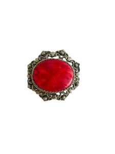 Oval Vintage Brooch with Filigree Edge and Pink Center