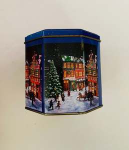 Antique: Octagonal Christmas Tin of a snowy Christmas evening