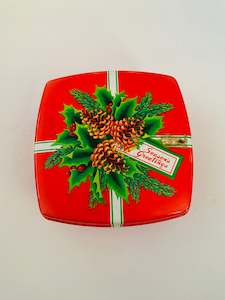 Square Christmas Tin with Seasons Greetings with Pine Cones