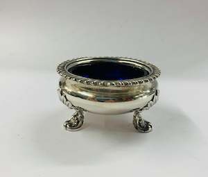 Sterling silver and cobalt blue glass salt bowl