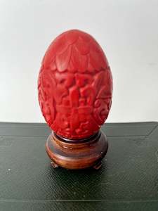 Antique: Red Craved Resin Egg with Stand