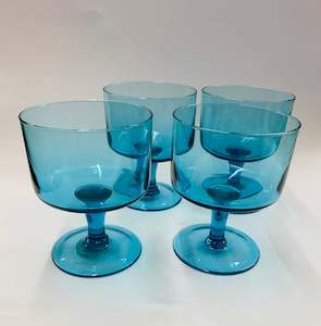 Antique: Set 4 retro Midcentury blue glass cocktail glasses