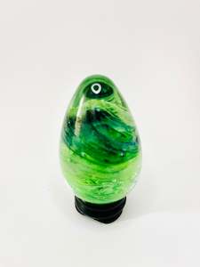 Antique: Hand Blown Green Glass egg with light Green and Black Swirls