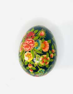 Antique: Decoupage Blue Egg with Blue Red Flowers Green Leaves