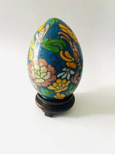 Cloisonné Egg Medium with Blue Background and Orange and Pink Flowers