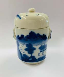 Antique: Antique blue and white pottery lidded pot