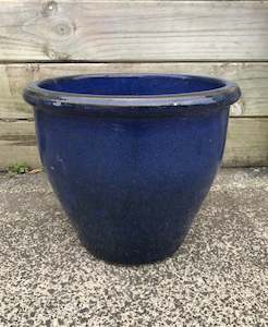 Antique: Round Tapered Blue Glazed Pot (Pick Up In Store Only)