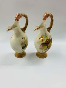 Antique: Pair of Victorian hand painted jugs with animal head handles