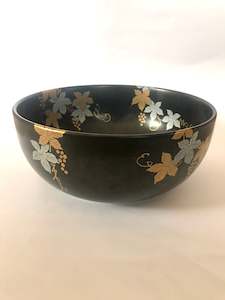 Antique: Hand Painted Oriental Black Bowl with Gold and Silver Leaves