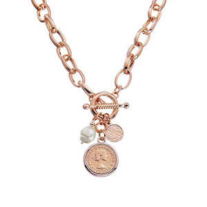 Rose Gold Link Necklace with Coin & Pearl Fob