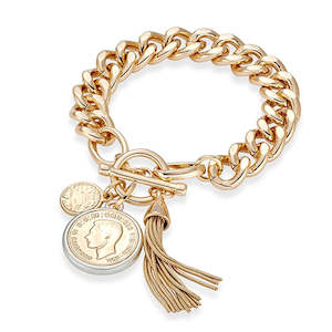 Jewellery Bracelets: Gold Fashion Curb Link Bracelet with Coin Pendant