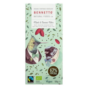 Bennetto Natural Foods co Mint & Cocoa Nibs 100G Chocolate Bar