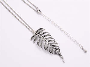 Ox-Silver Dainty Fern Long Chain Pendant